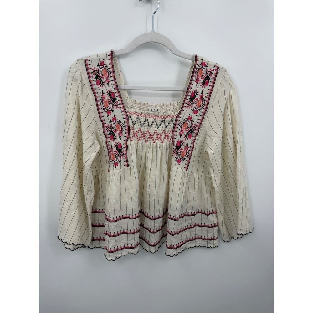 THML Embroidered Peplum Blouse Women M Cream Pink Boho Scalloped Smocked Top